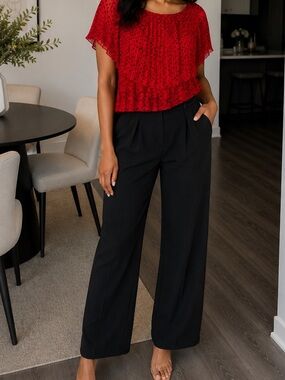 Zara Red Off-Shoulder Polka Dot Pleated Blouse